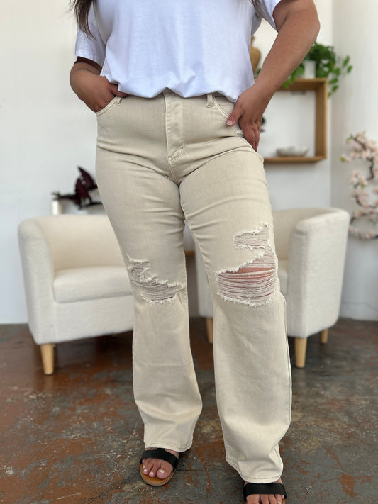 "Sandy Oats" High Waist Distressed Wide Leg Jeans