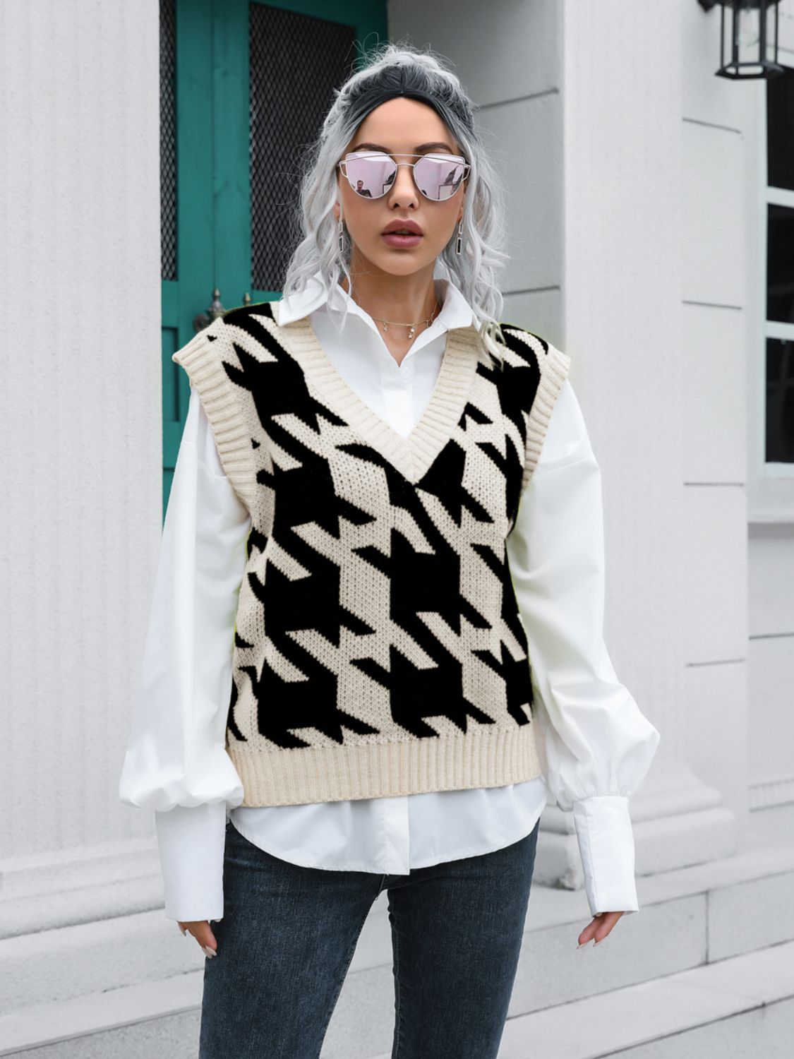 " Houndstooth Glam" V-Neck Sweater Vest