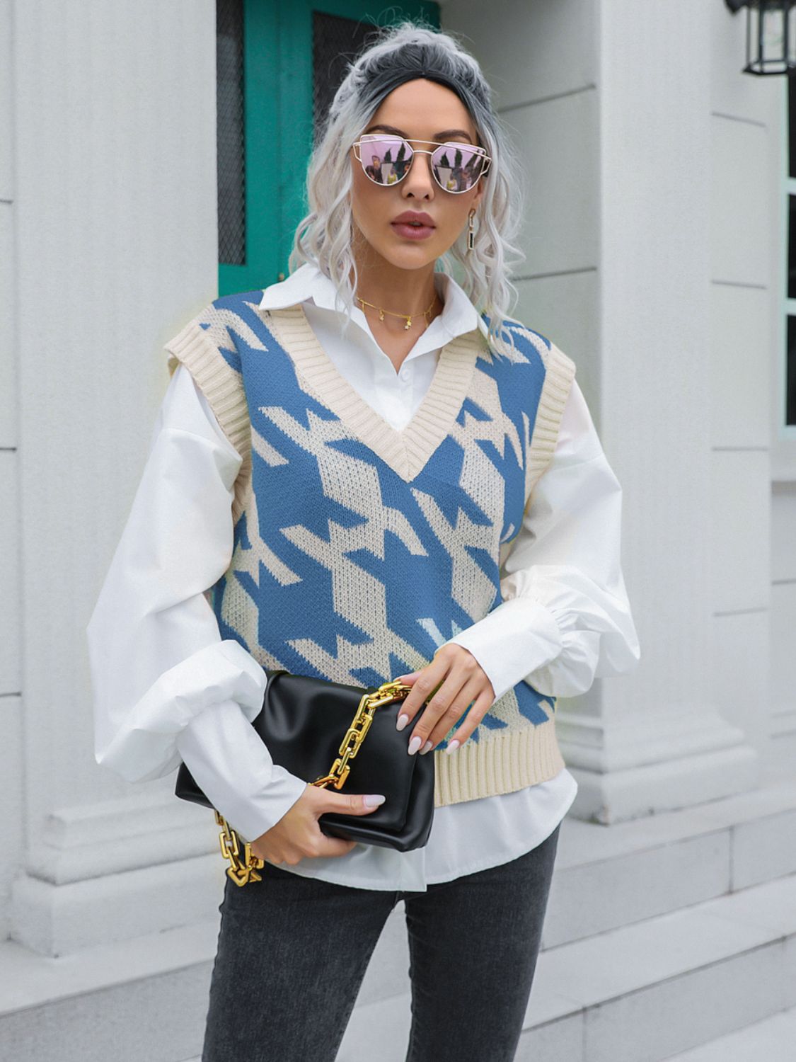" Houndstooth Glam" V-Neck Sweater Vest