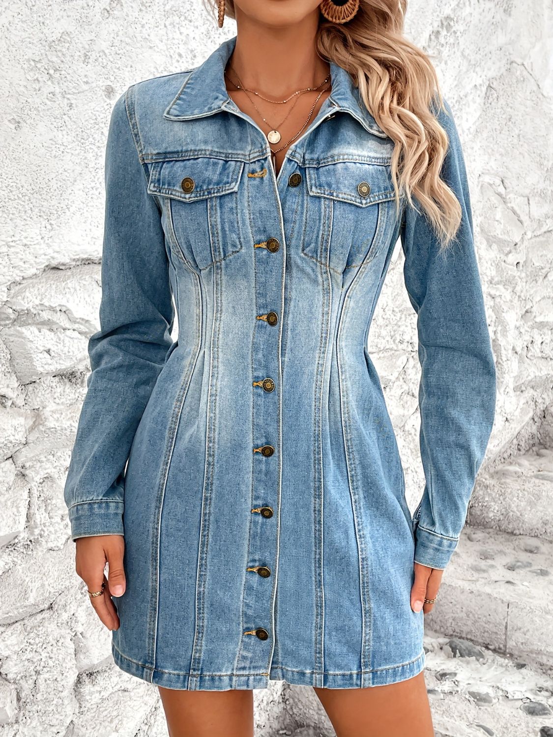 "Pocketed" Long Sleeve Denim Dress
