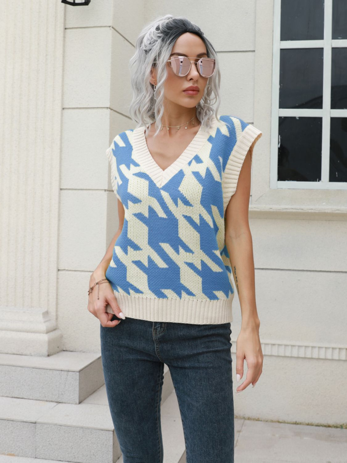 " Houndstooth Glam" V-Neck Sweater Vest