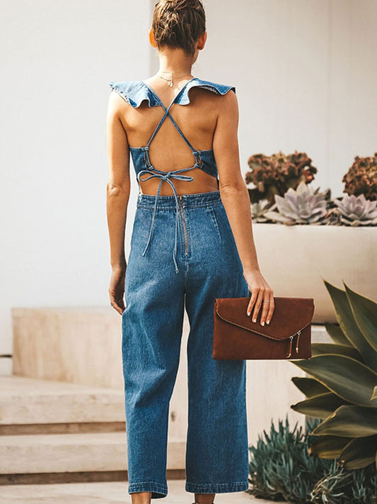 "Lacey Lou " Backless Sleeveless Denim Jumpsuit