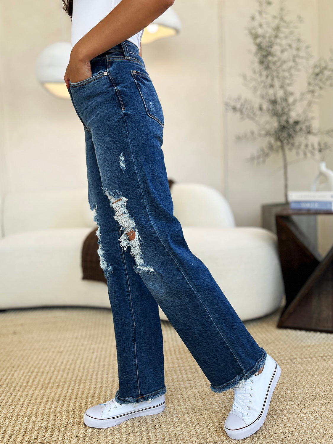 "City Road" Mid Rise Distressed Raw Hem Jeans