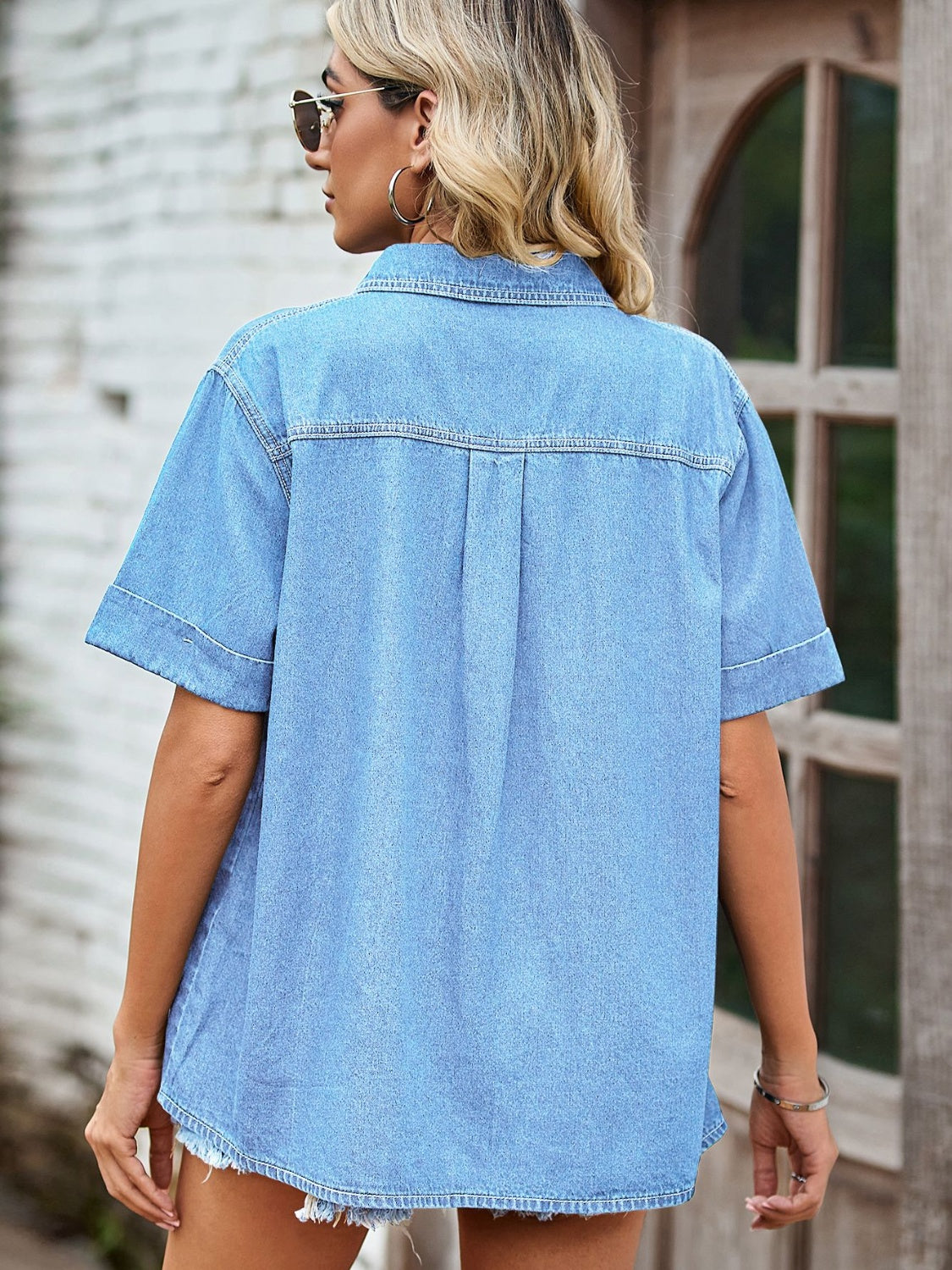 "Prissy Doll" Button Up Short Sleeve Denim Shirt