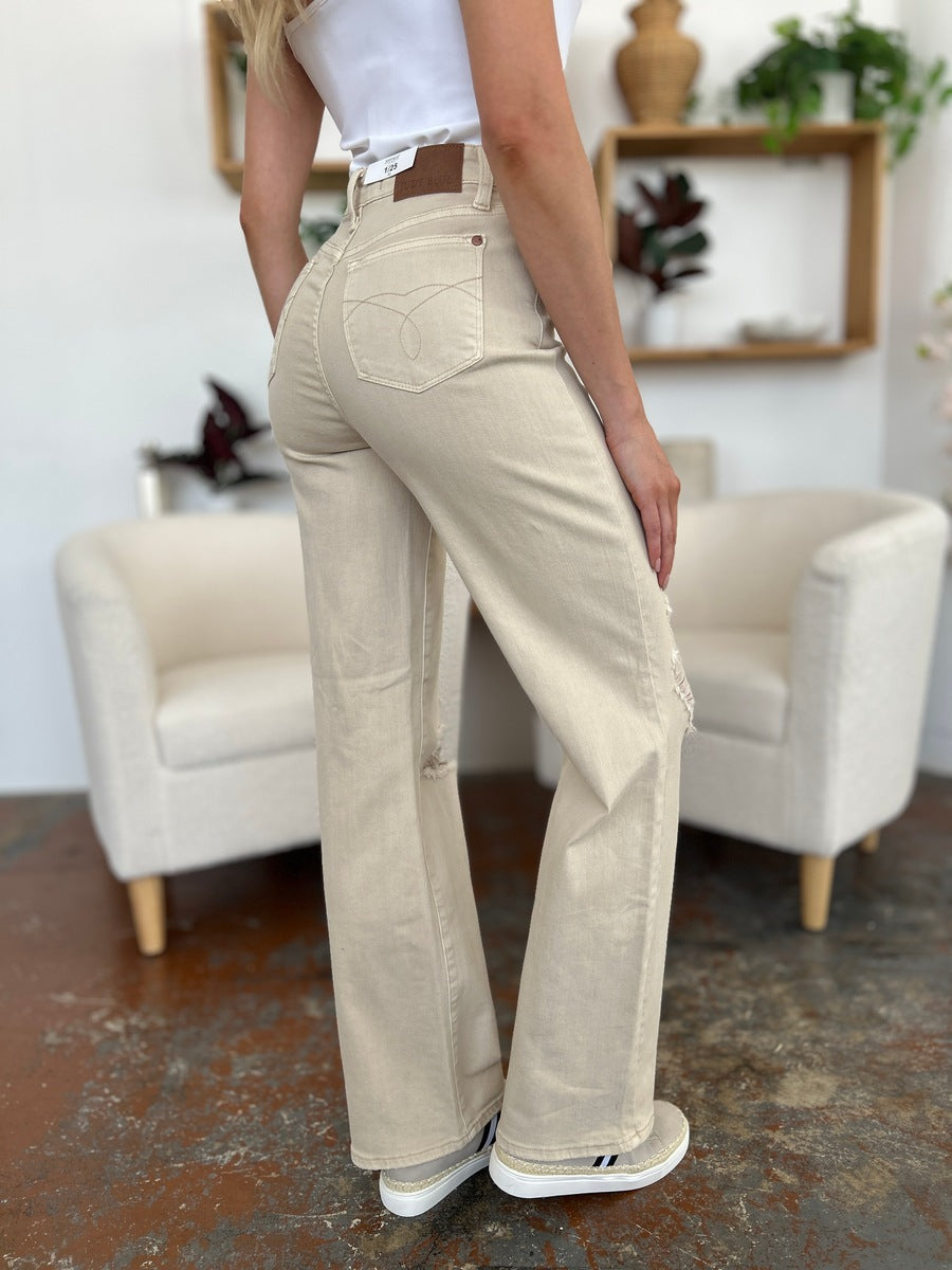 "Sandy Oats" High Waist Distressed Wide Leg Jeans