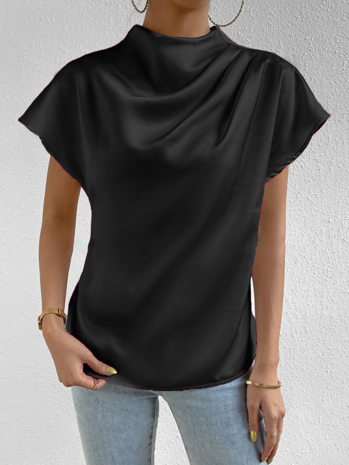 "Silk Pleasure" Neck Short Sleeve Blouse