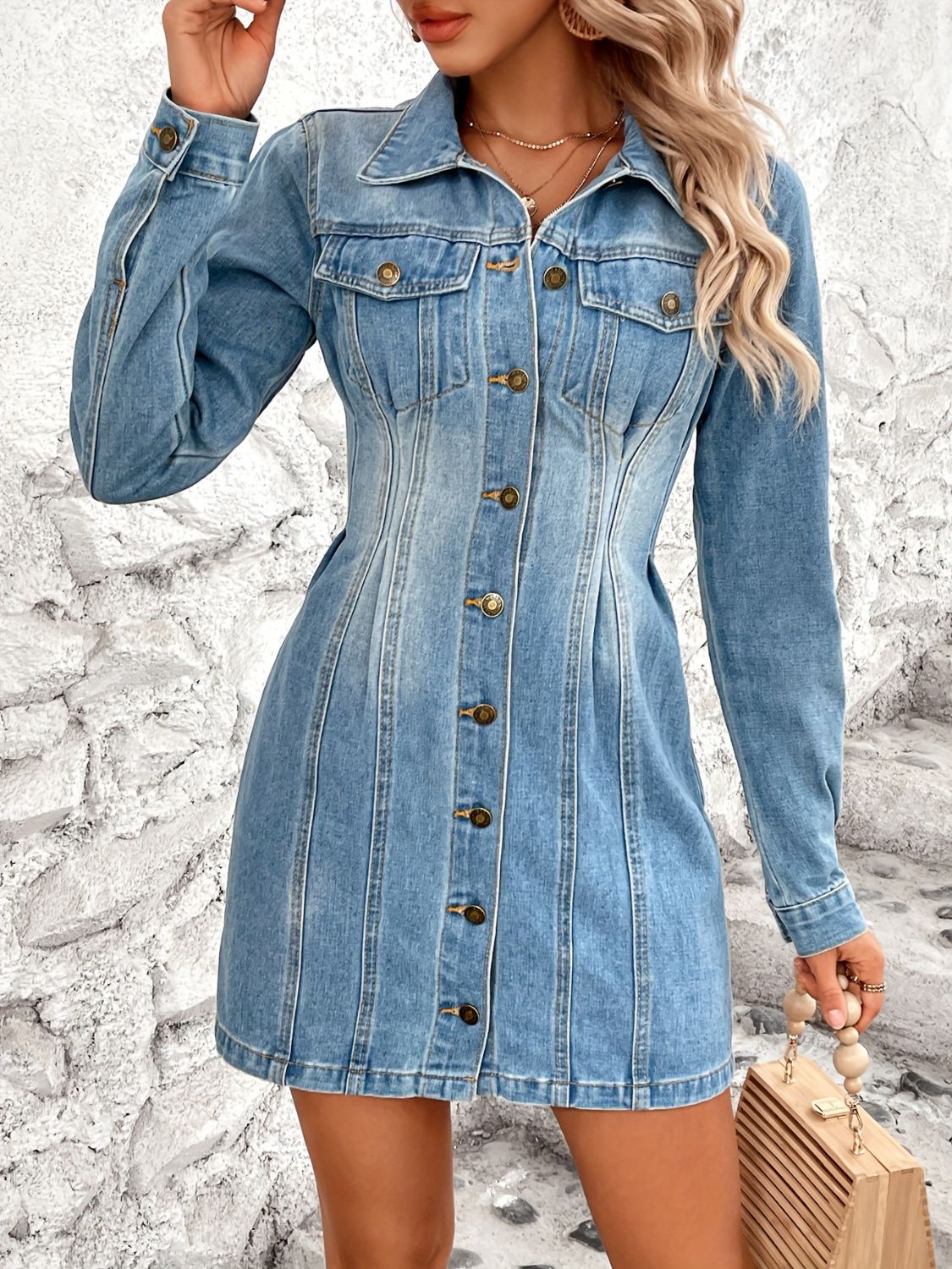 "Pocketed" Long Sleeve Denim Dress