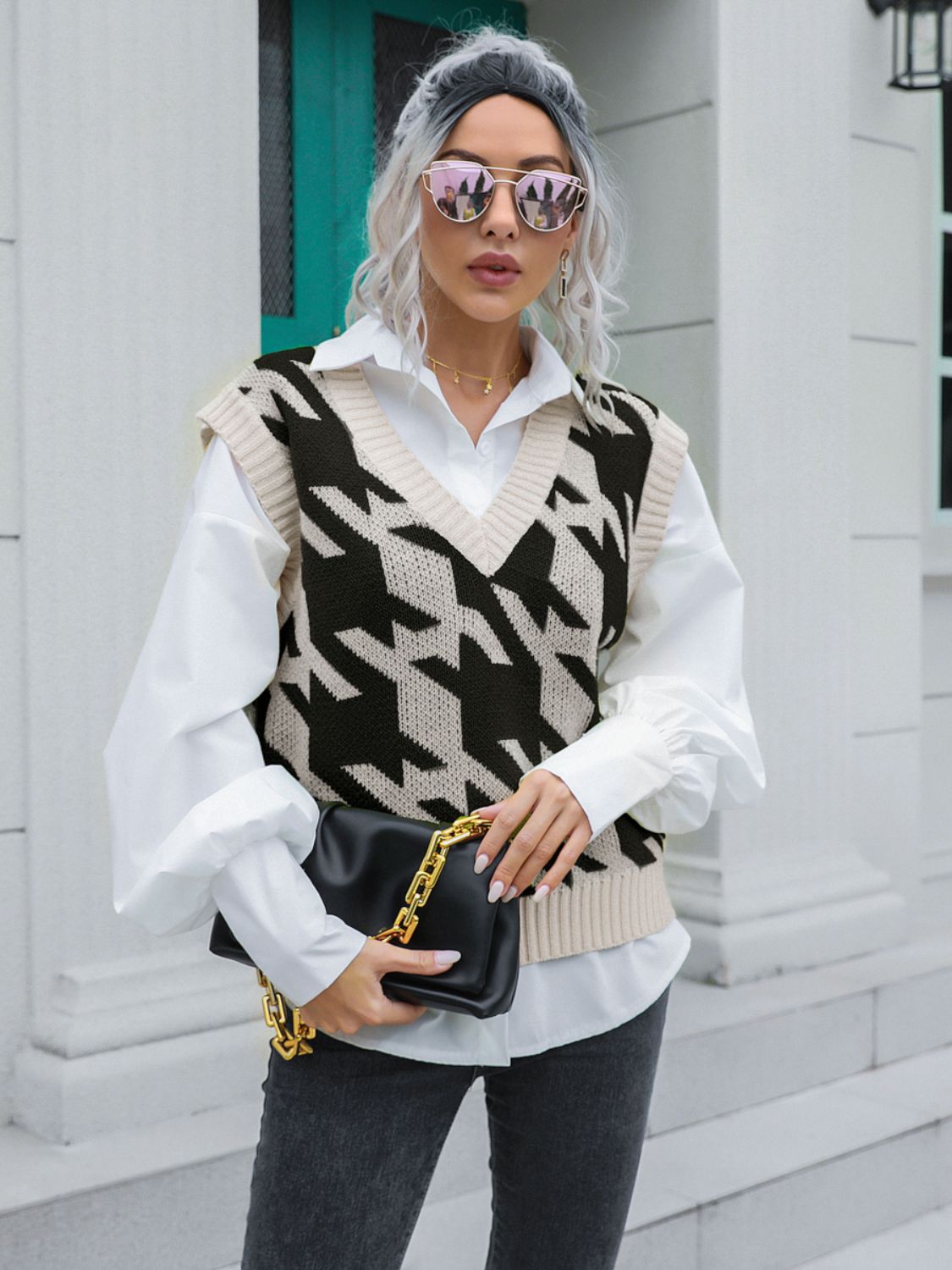 " Houndstooth Glam" V-Neck Sweater Vest