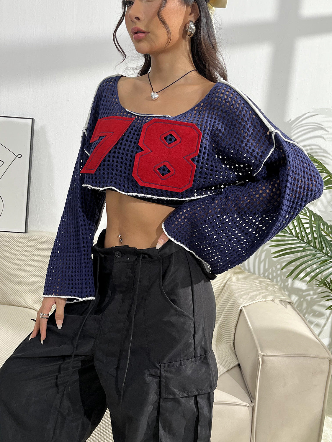 "Late 78" Sleeve Cropped Knit Top