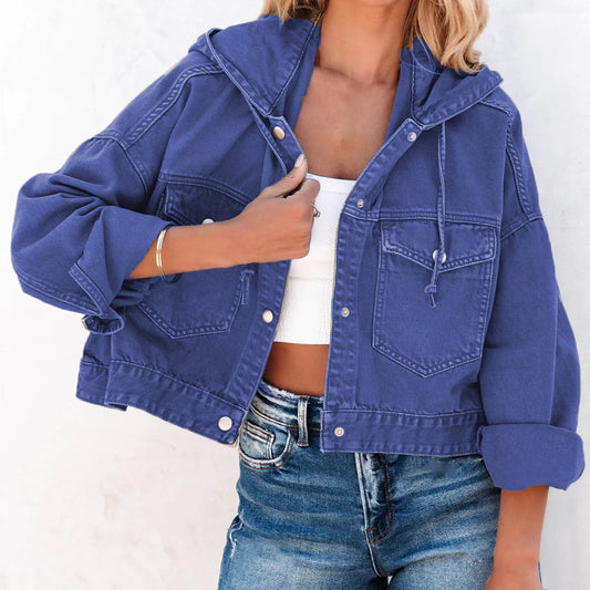 "Washed Candy" Hooded Dropped Shoulder Denim Jacket