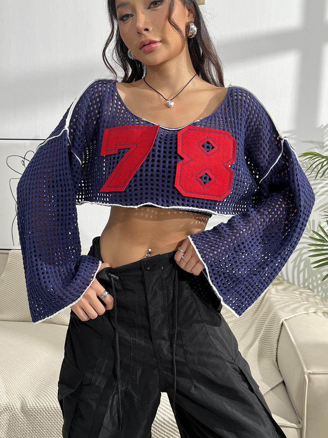 "Late 78" Sleeve Cropped Knit Top
