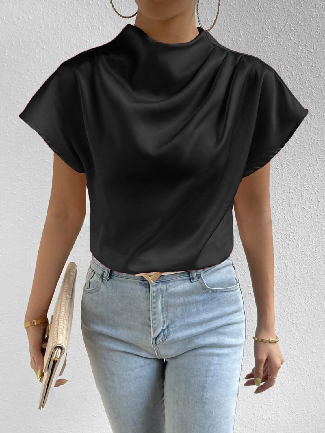 "Silk Pleasure" Neck Short Sleeve Blouse