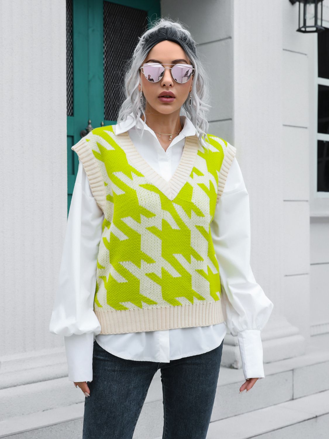 " Houndstooth Glam" V-Neck Sweater Vest