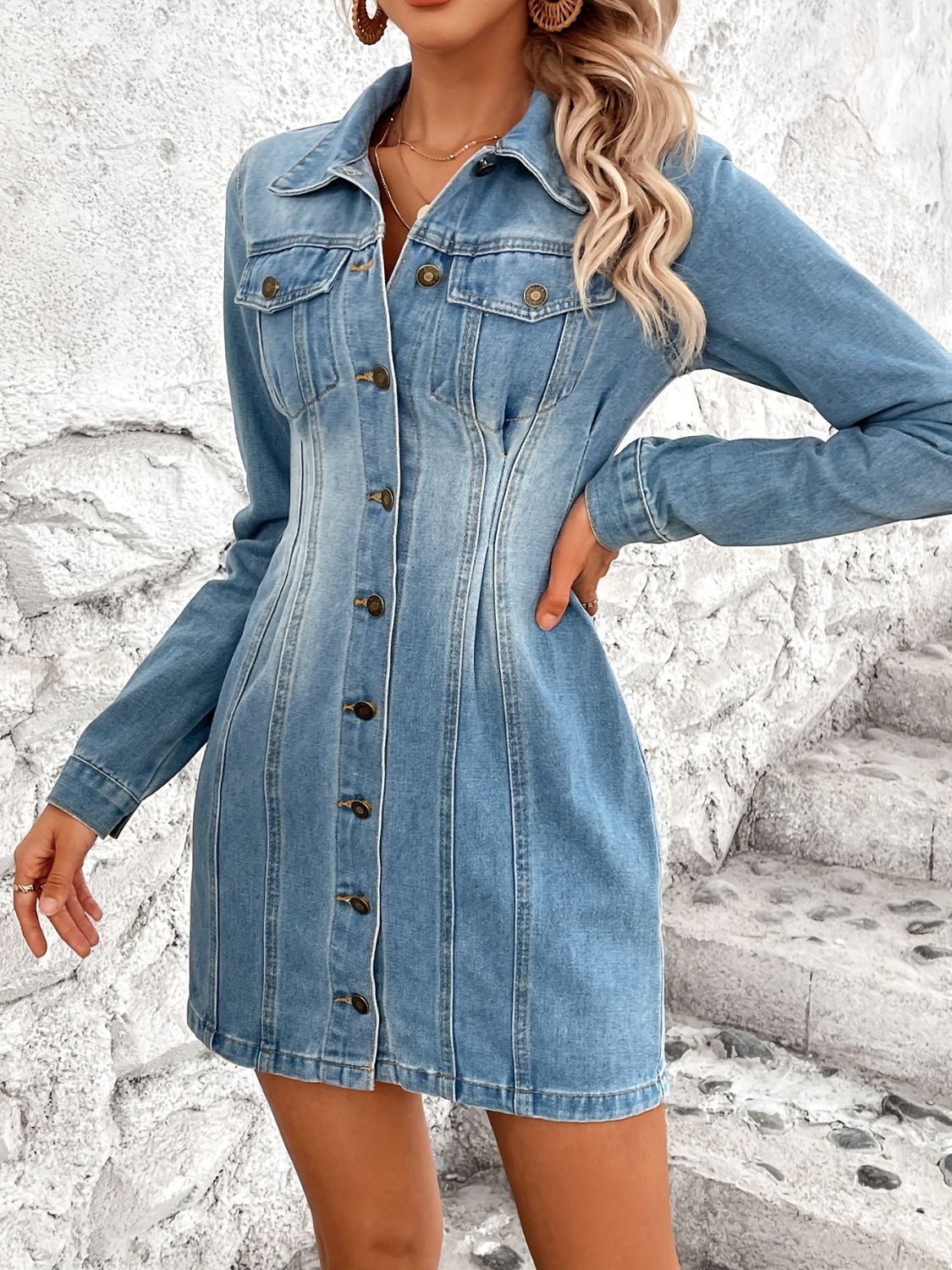 "Pocketed" Long Sleeve Denim Dress