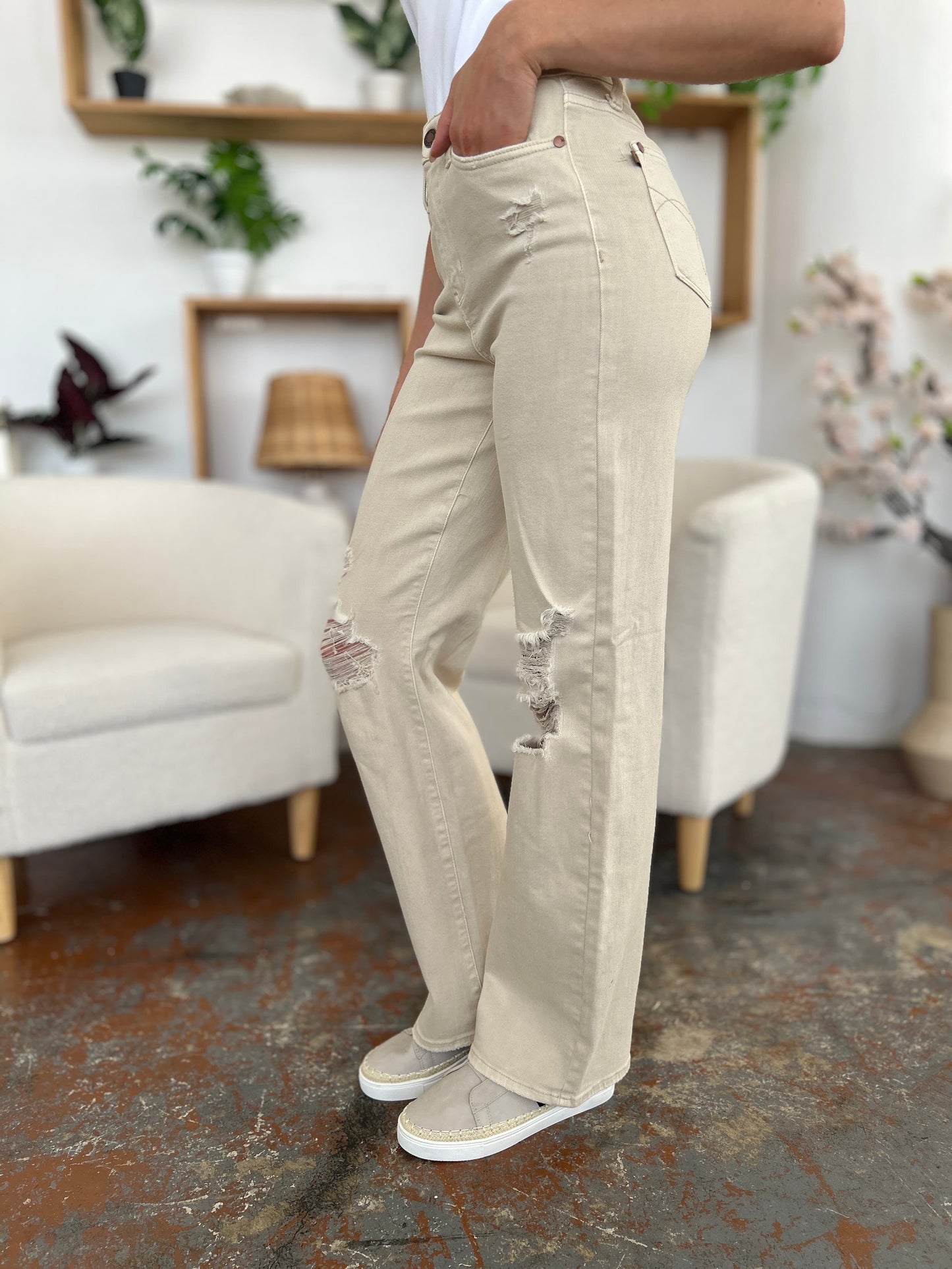"Sandy Oats" High Waist Distressed Wide Leg Jeans