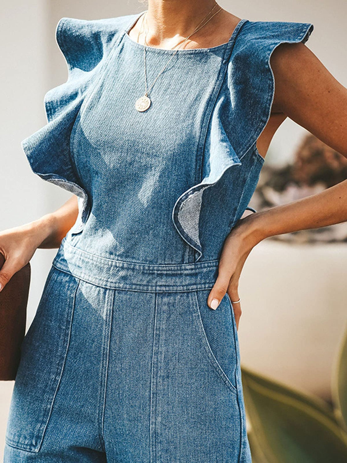 "Lacey Lou " Backless Sleeveless Denim Jumpsuit