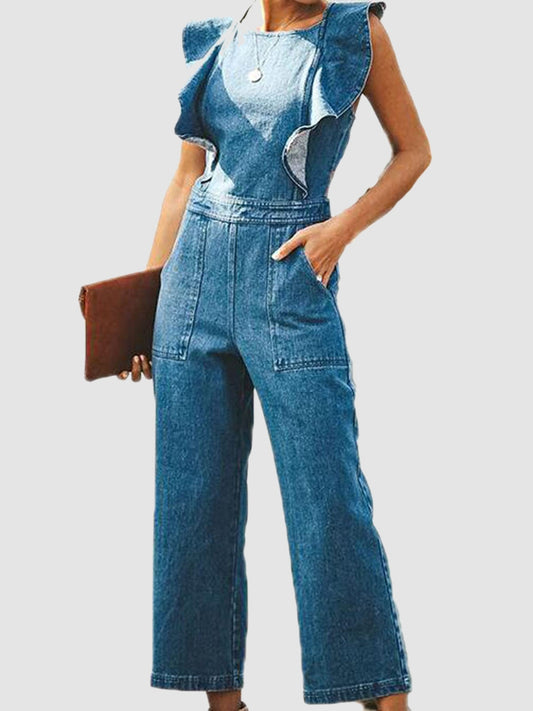 "Lacey Lou " Backless Sleeveless Denim Jumpsuit