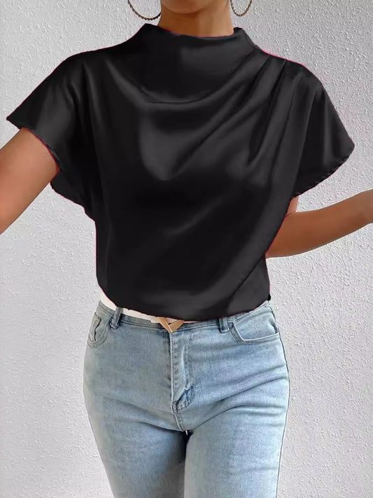 "Silk Pleasure" Neck Short Sleeve Blouse