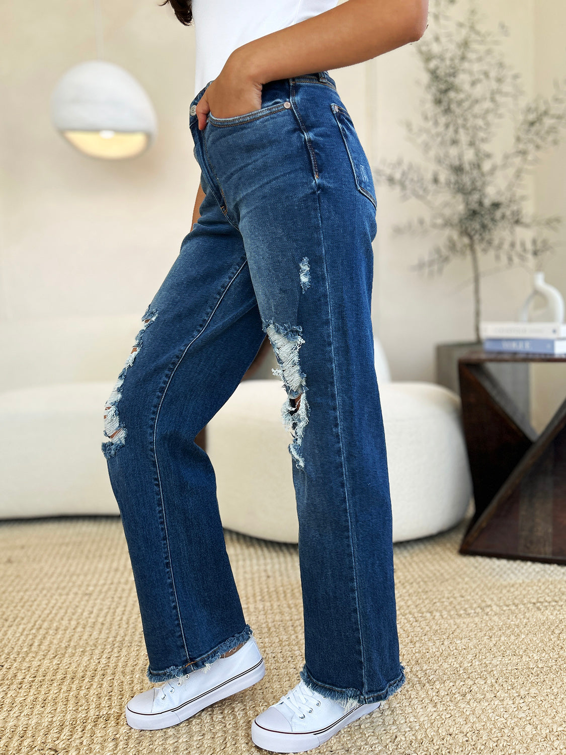 "City Road" Mid Rise Distressed Raw Hem Jeans
