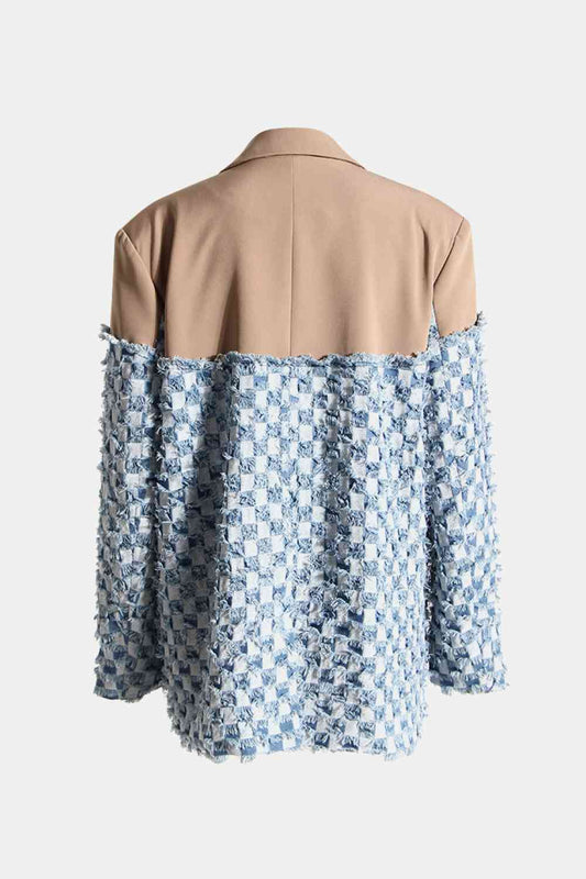 "Checked the Nude" Fringe Detail Denim Jacket
