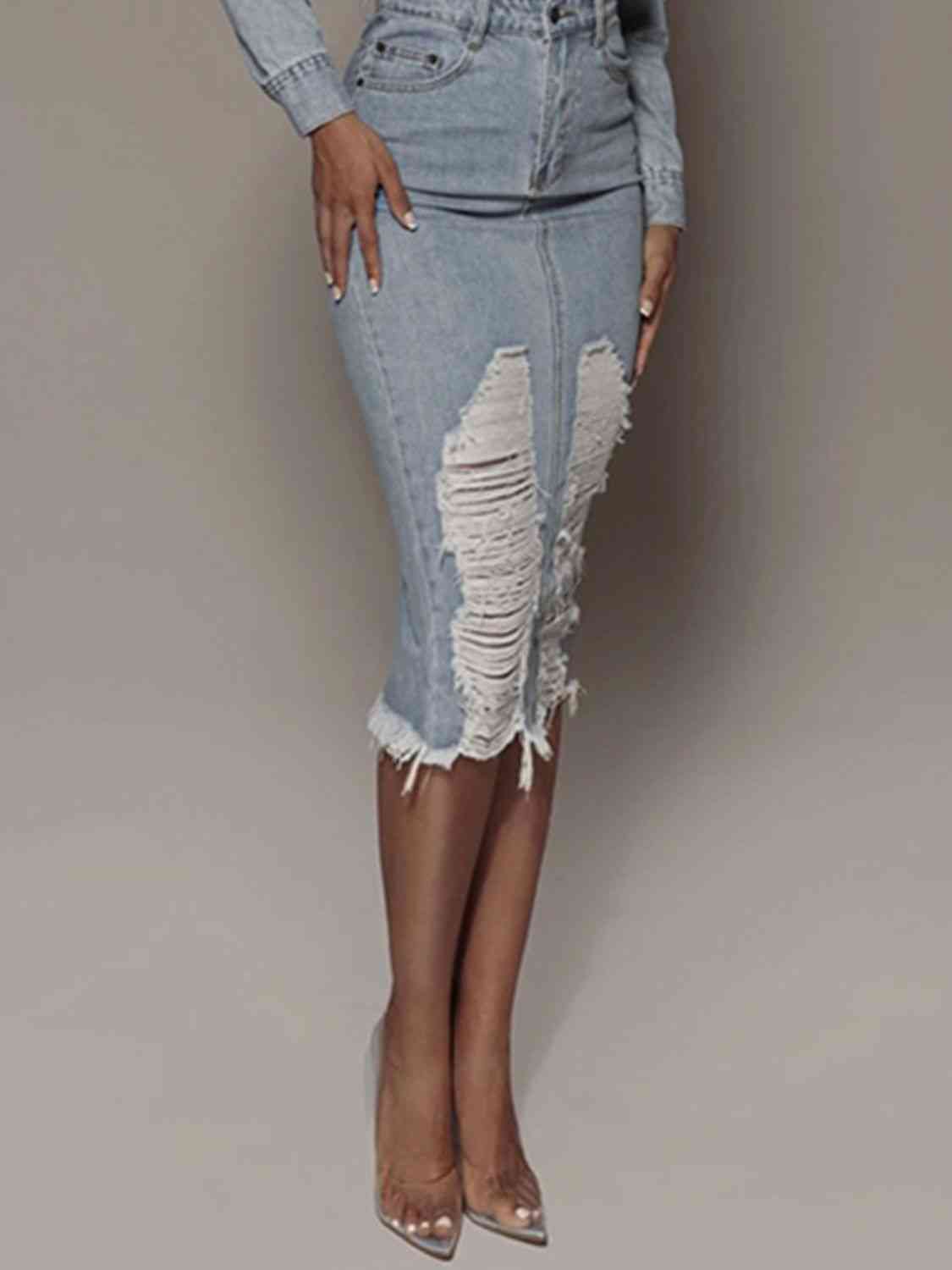 "Distressed Girl" Slit Denim Skirt