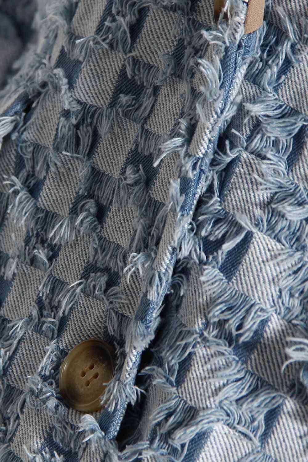 "Checked the Nude" Fringe Detail Denim Jacket