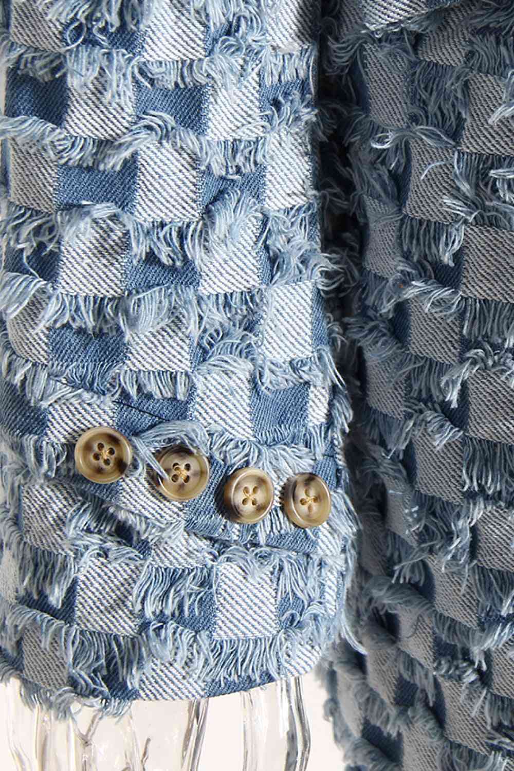 "Checked the Nude" Fringe Detail Denim Jacket
