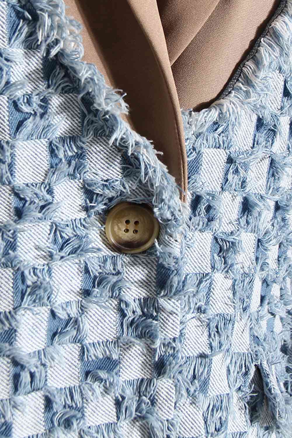 "Checked the Nude" Fringe Detail Denim Jacket