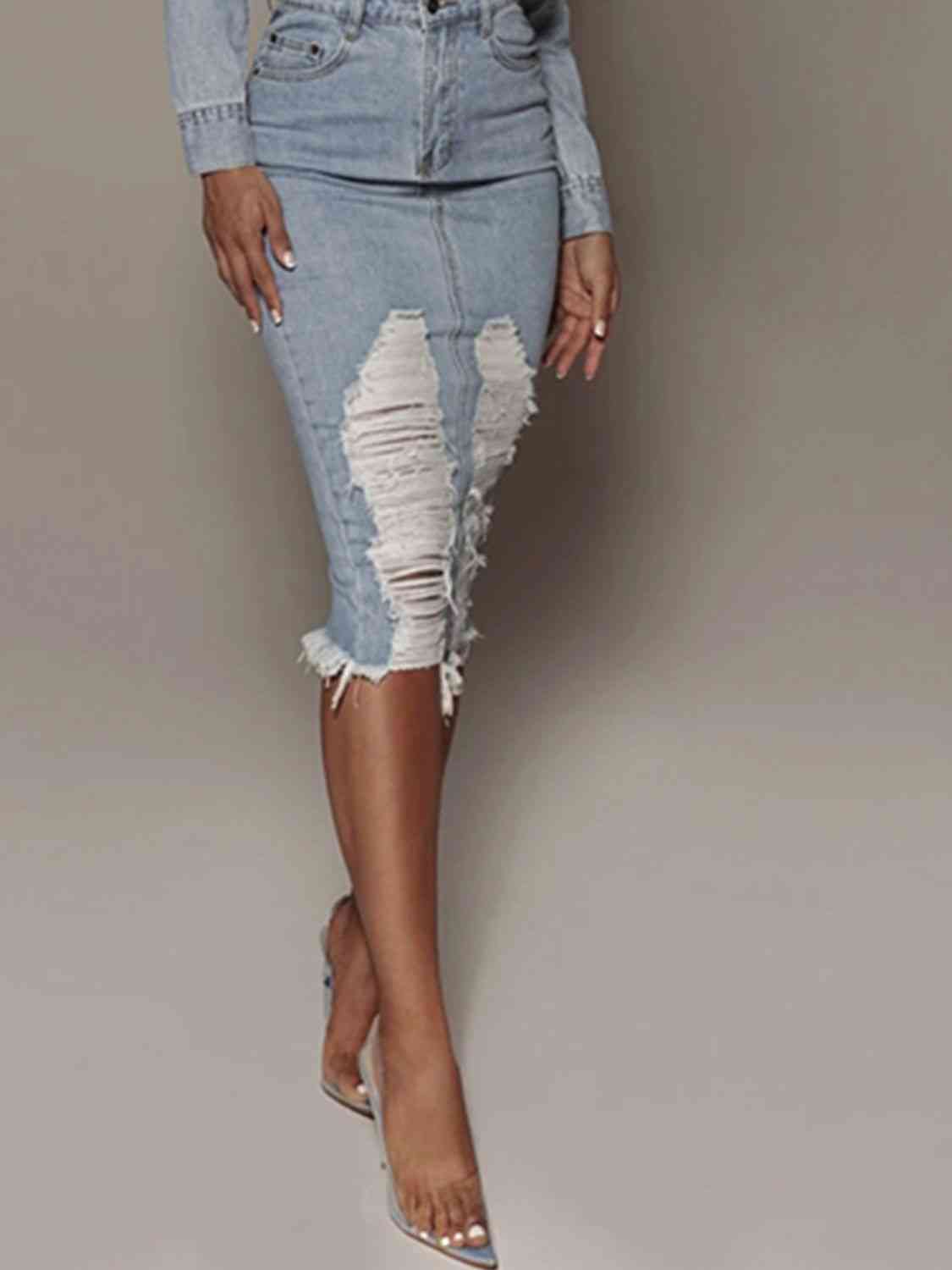 "Distressed Girl" Slit Denim Skirt