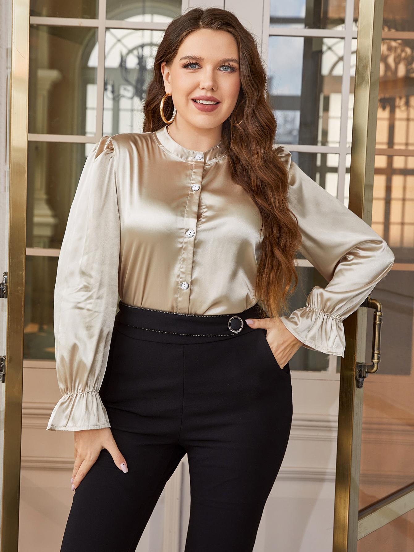 "Champagne Flounce" Band Collar Shirt