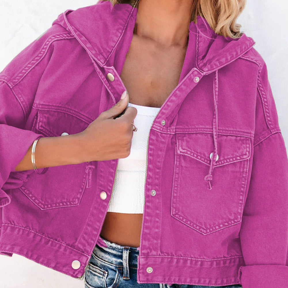 "Washed Candy" Hooded Dropped Shoulder Denim Jacket