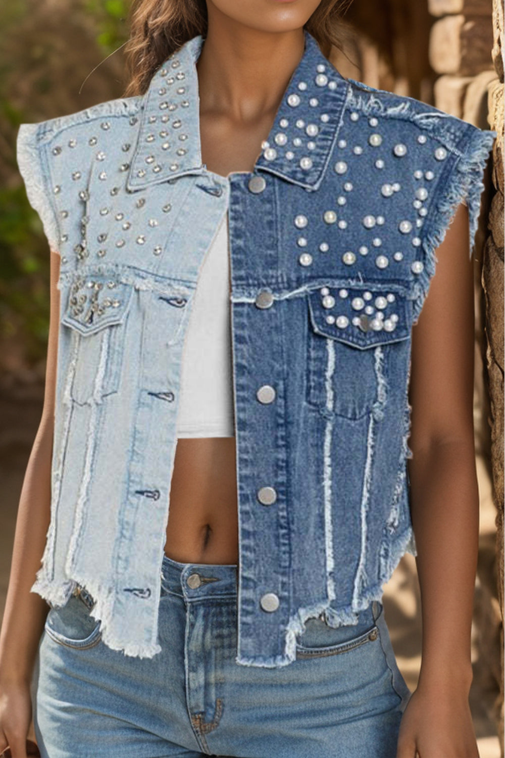 "Half-Half" Sleeveless Denim Jacket